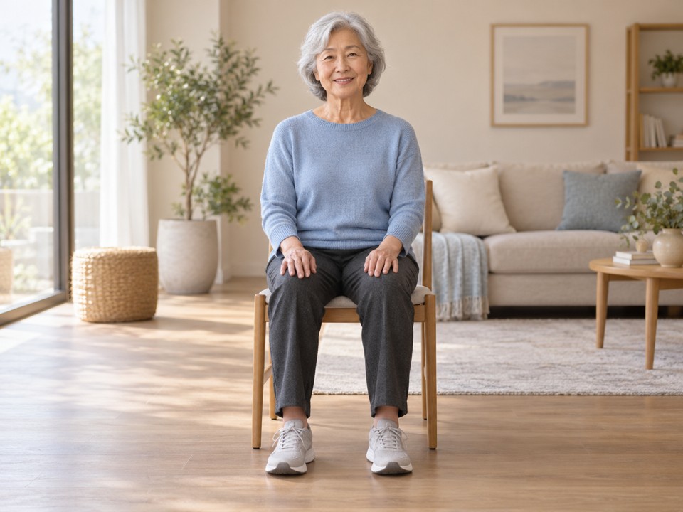 Front view of an older adult seated comfortably on a chair with both feet on the floor.